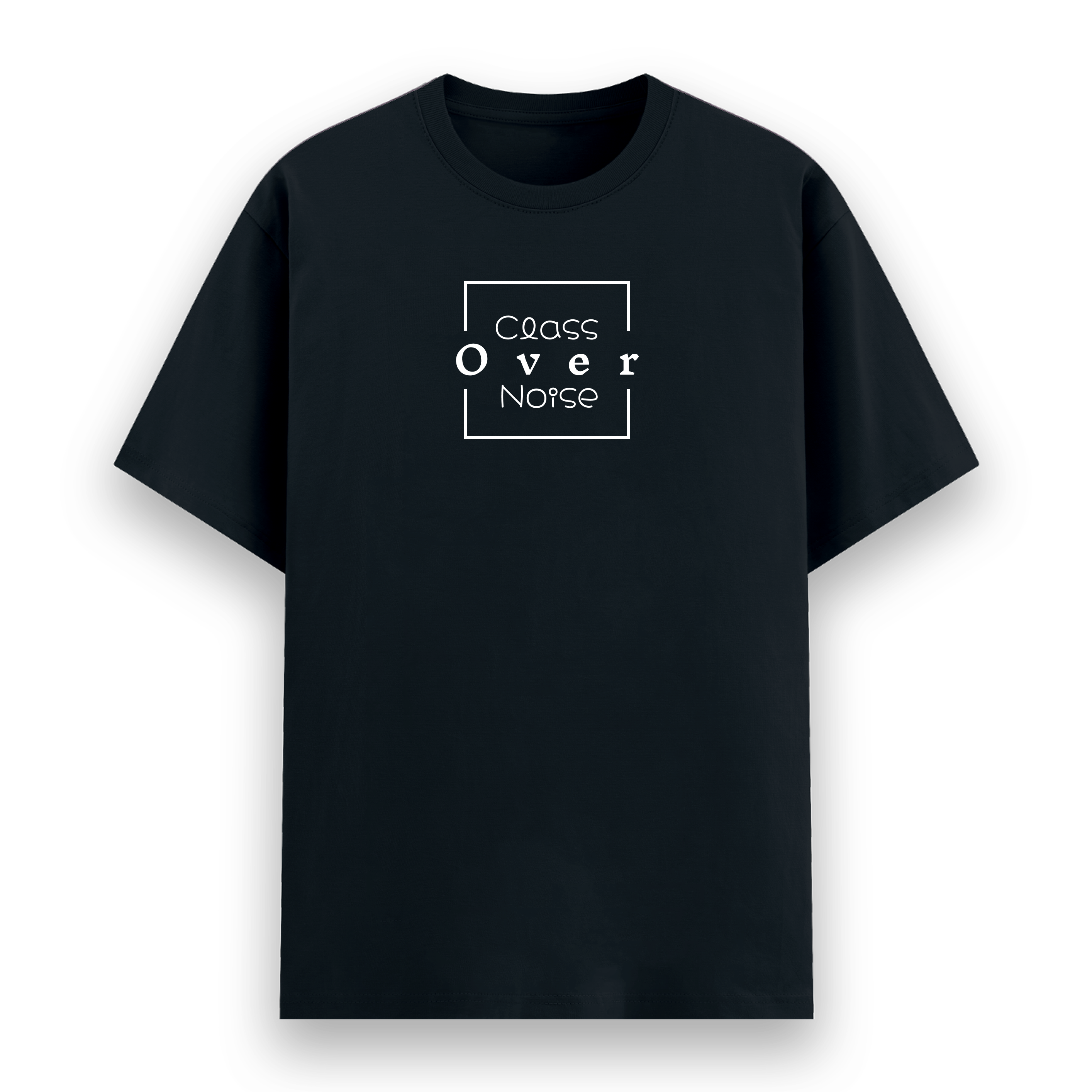 Black t-shirt with 'Class Over Noise' text on a white background